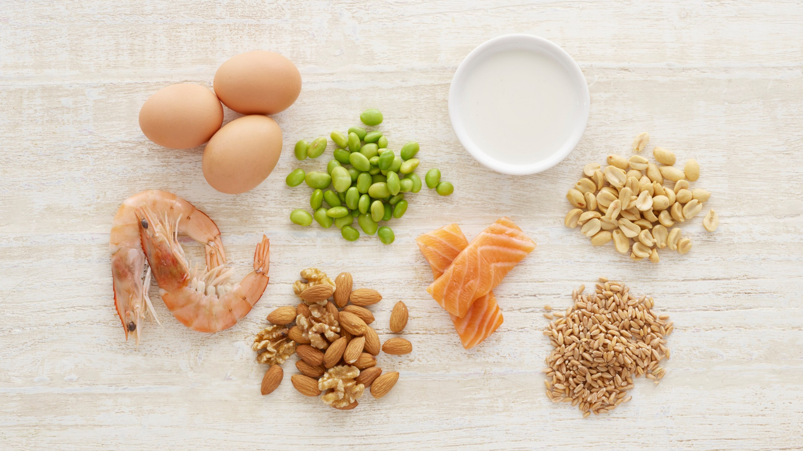 Allergen foods such as eggs, shrimp, fish, milk, and nuts.
