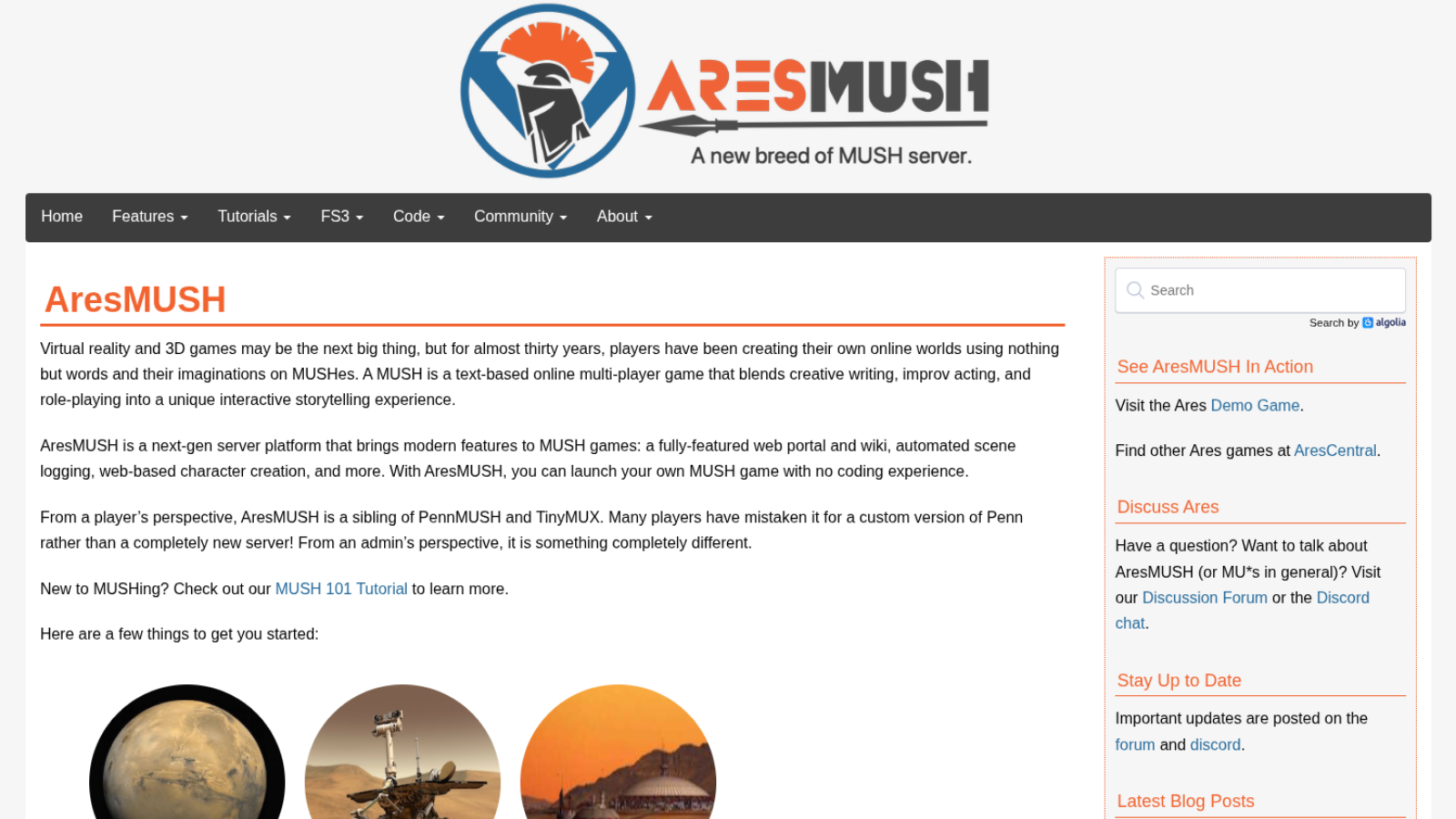 AresMUSH home page with links to Features, Tutorials, and Forum.