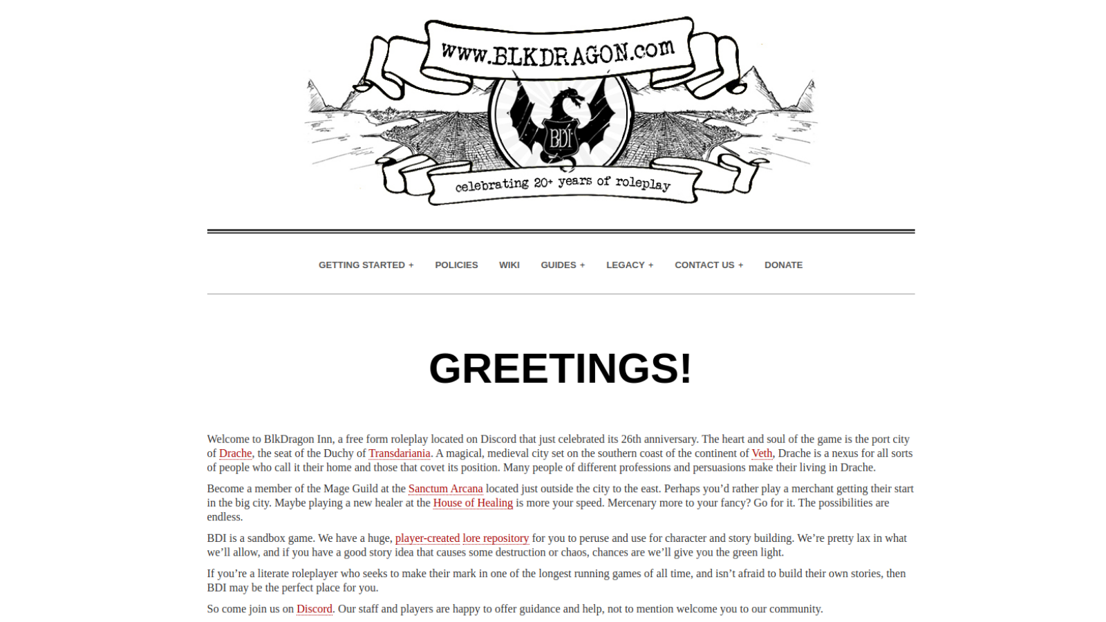 The BlkDragon Inn home page with hand-drawn line art and GREETINGS!