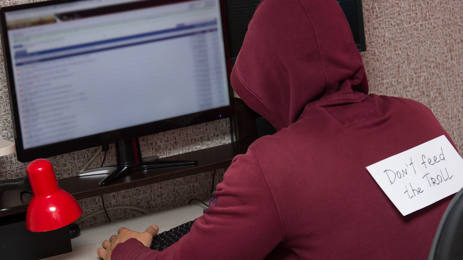 A gamer in a hoodie sitting at a computer.