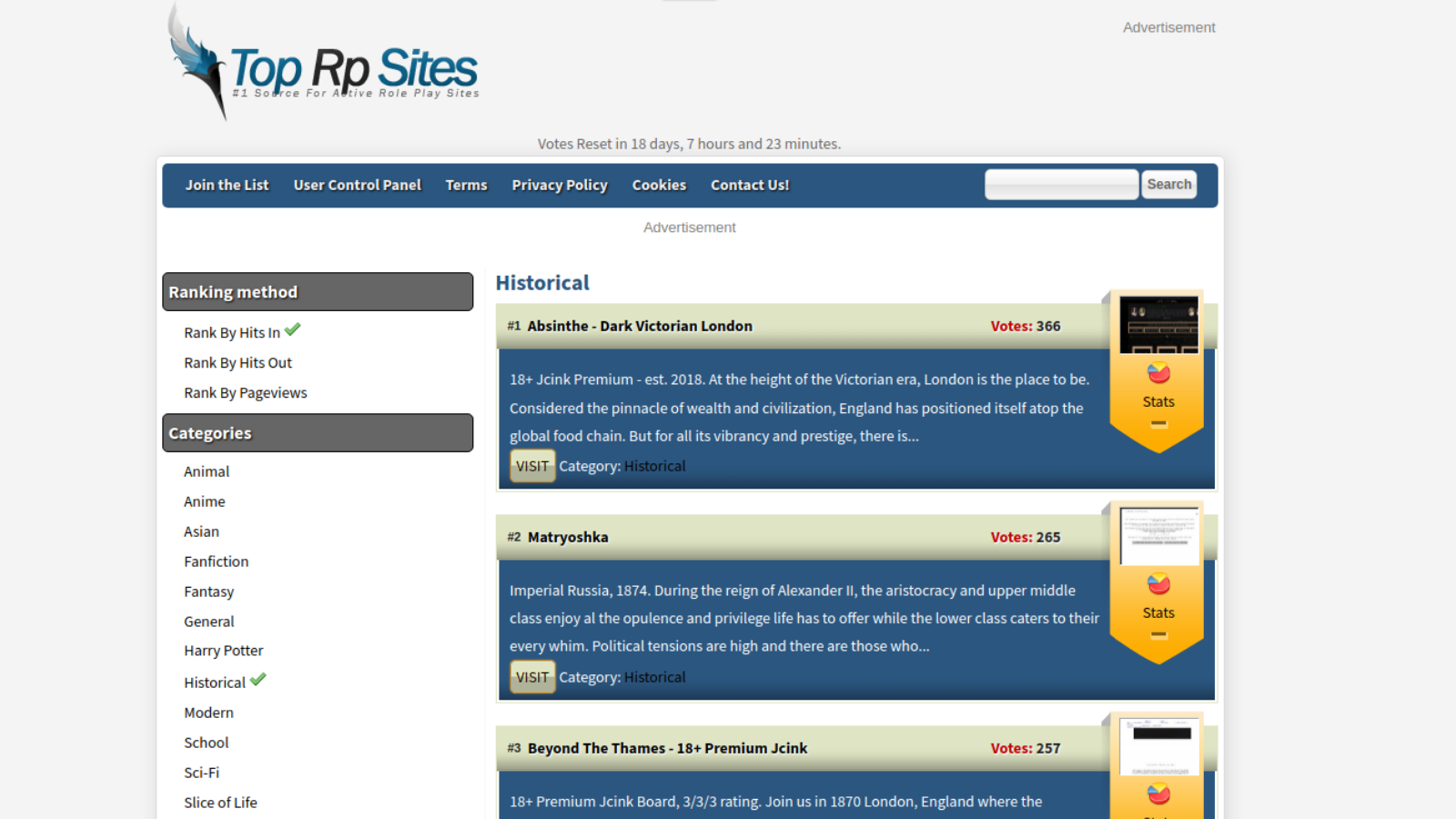 The Top Rp Sites home page showing various game categories, such as Fantasy and Historical.