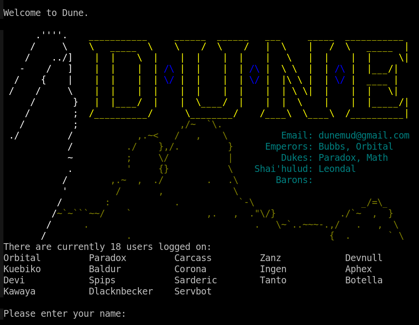 Dune's intro screen with ASCII art of a desert.