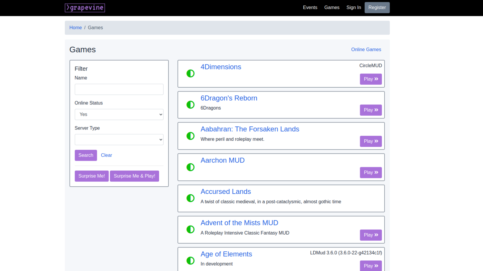Grapevine's MUD listing with filtering options.