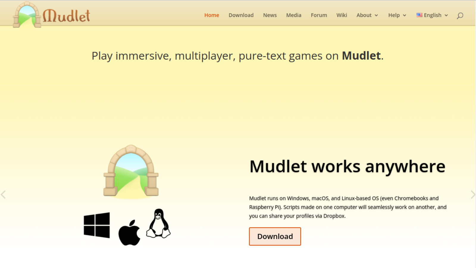Mudlet's home page with download button.