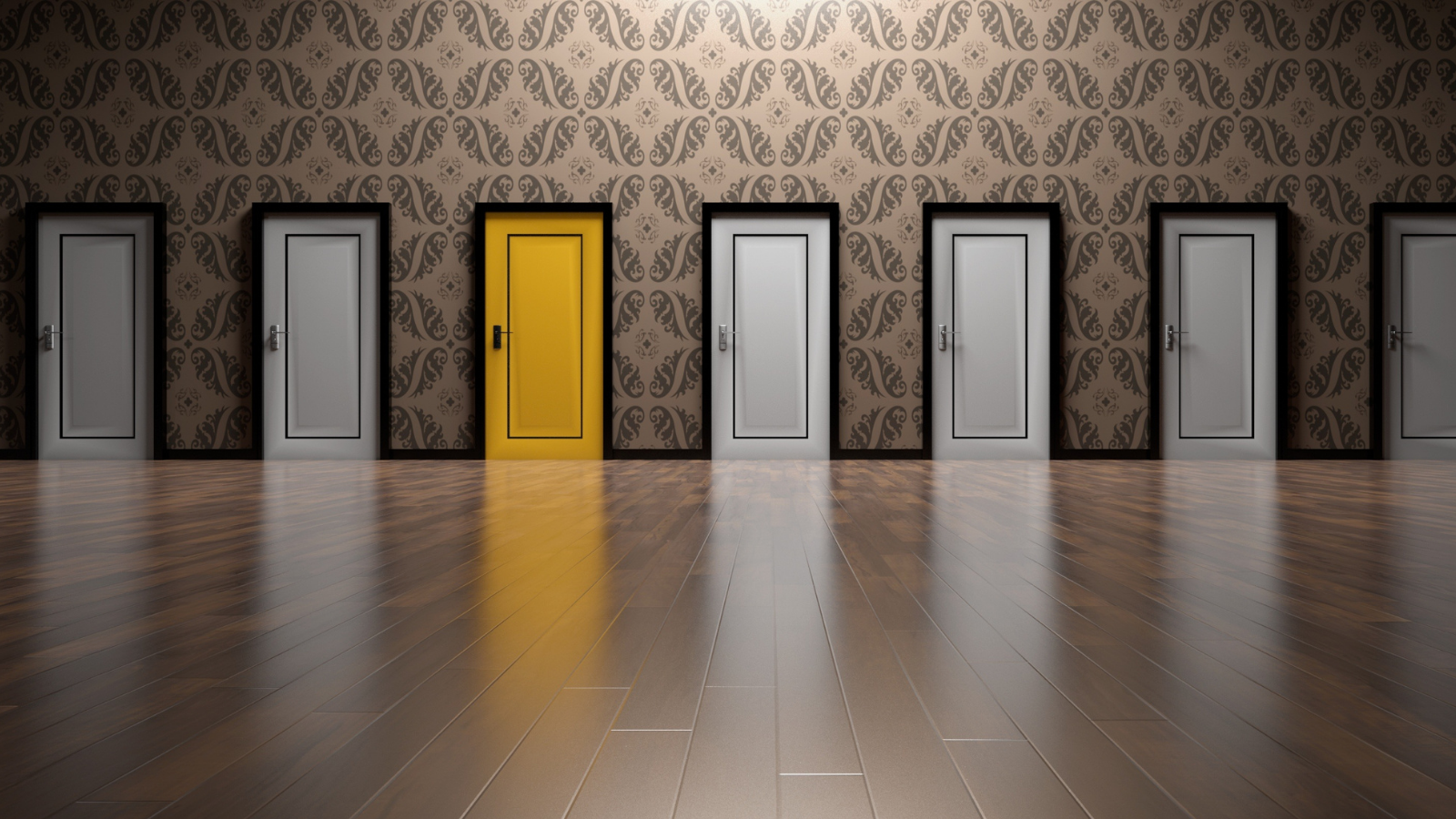 A wall with several closed doors in a row.