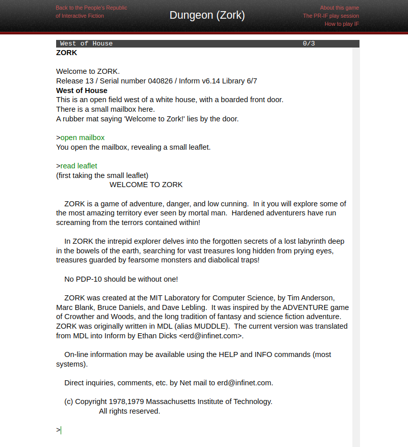 The beginning of Zork, which shows the game's credits.