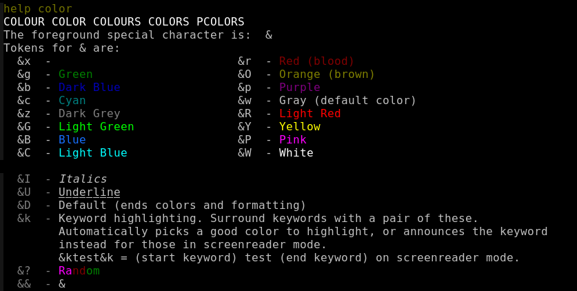 LOTJ's color helpfile showing various options.