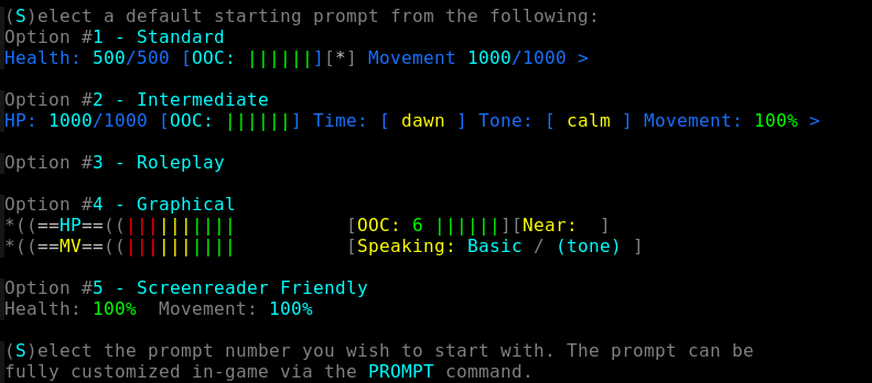 5 starting prompt options in LOTJ.