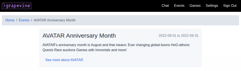 AVATAR Anniversary Month event description on Grapevine.