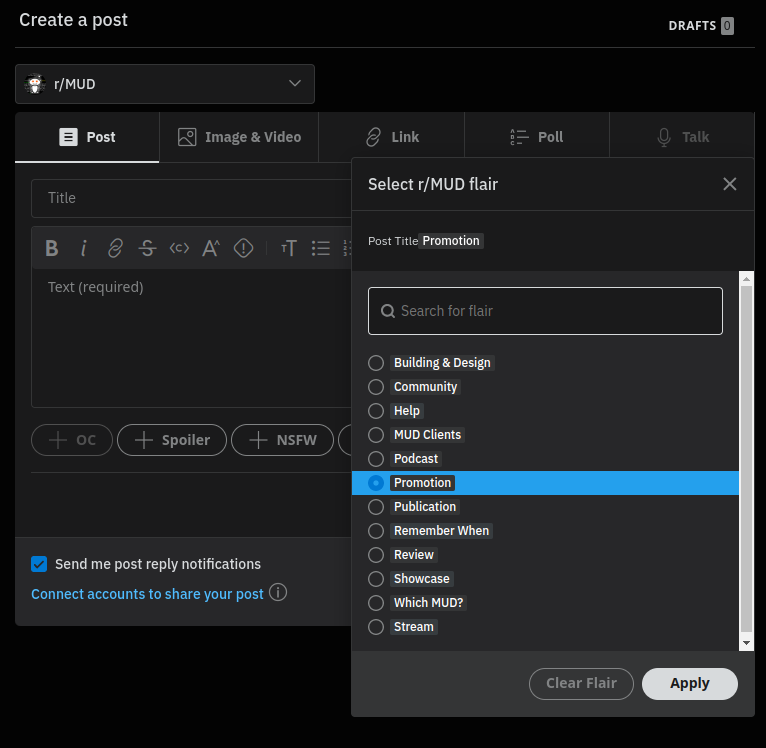 Setting a Promotion flair on r/MUD.