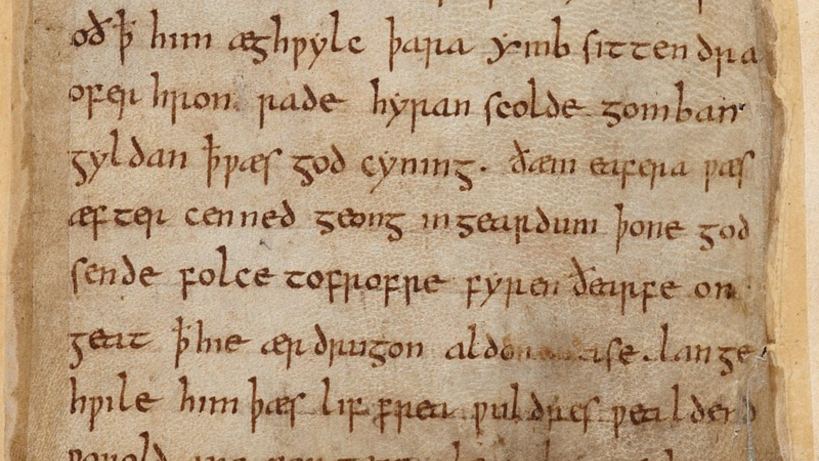 Close-up of the text of Beowulf written in Old English.