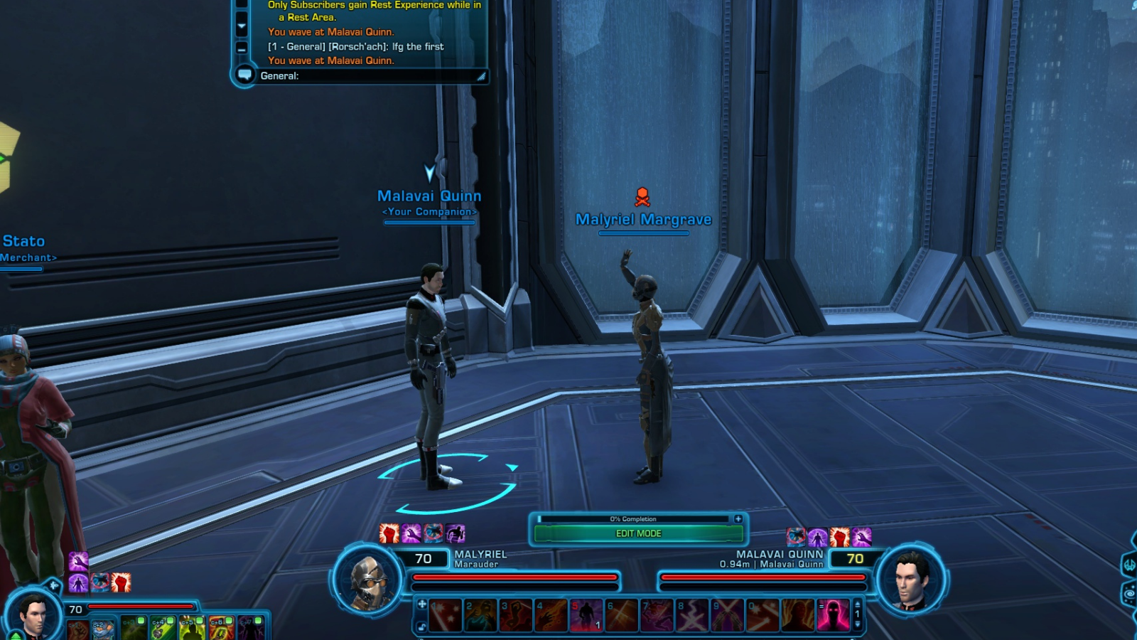One character waving at another in SWtOR.