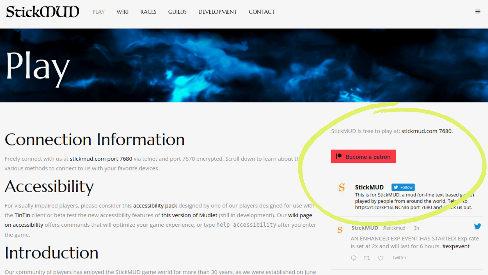 StickMUD homepage showing a Patreon button and Twitter link, both ways to support the game.