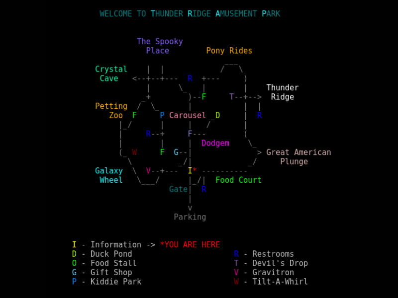ASCII in-game map of the theme park.