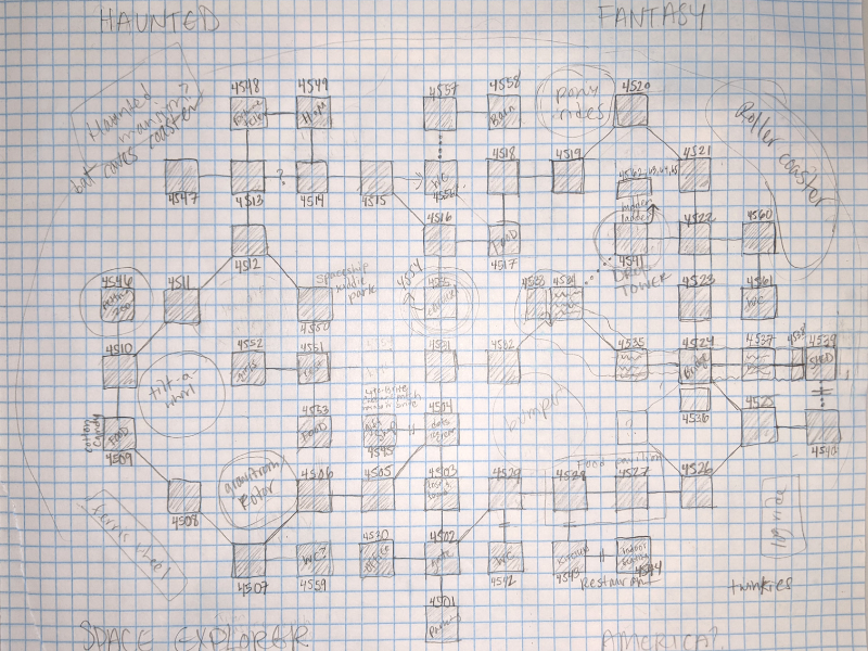 Sketched mult-user dungeon area map on graph paper.