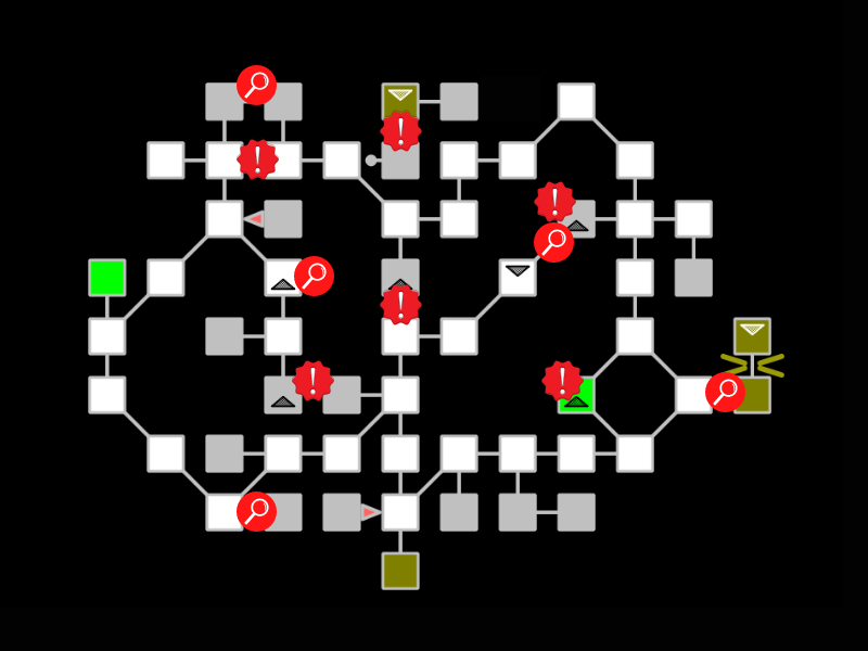 Map of the area in Mudlet with red icons to indicate challenge exits.
