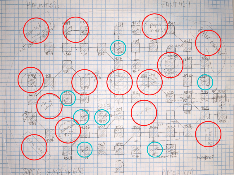 Hand-drawn map with points of interest circled (the circles are fairly evenly spaced).