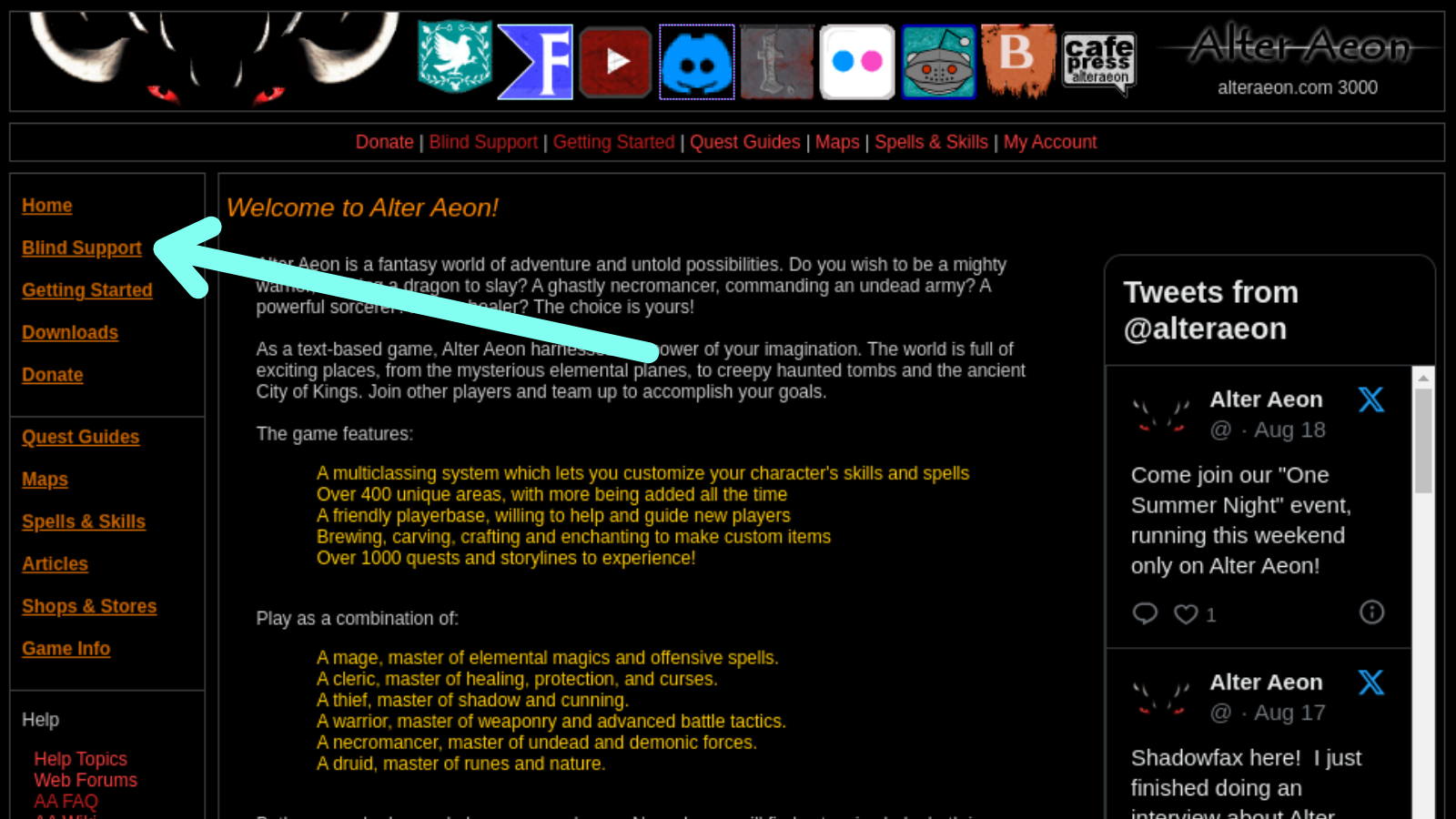 Alter Aeon's homepage with an arrow pointing to the Blind Support link.