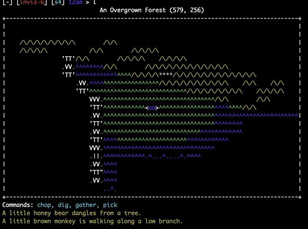 ASCII map of An Overgrown Forest with symbols and color to represent different domain types.