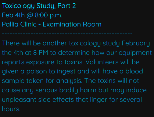 Toxicology Study, Part 2. Pallia Clinic, Examination Room.