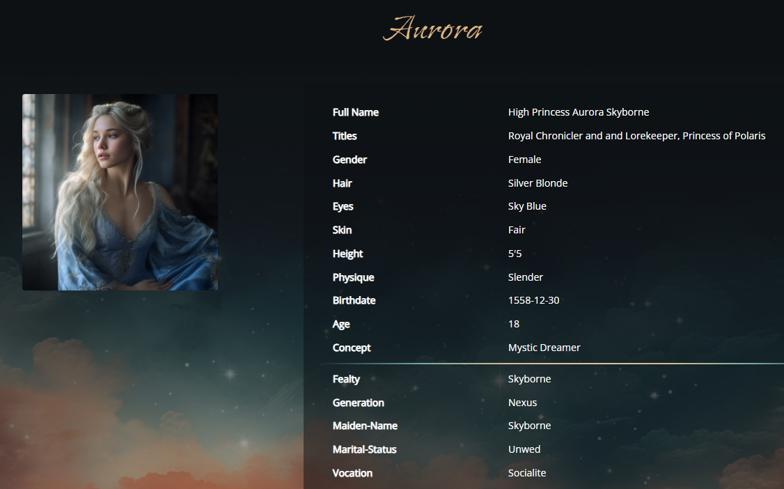 Aurora. Full Name: High Princess Aurora Skybourne, Royal Chronicler and Lorekeeper, Princess of Polaris. Pictured left: an ash-blonde maiden wearing a blue dress.