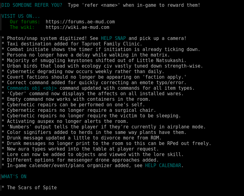 MOTD showing website links and a list of recent updates for a game called AE.