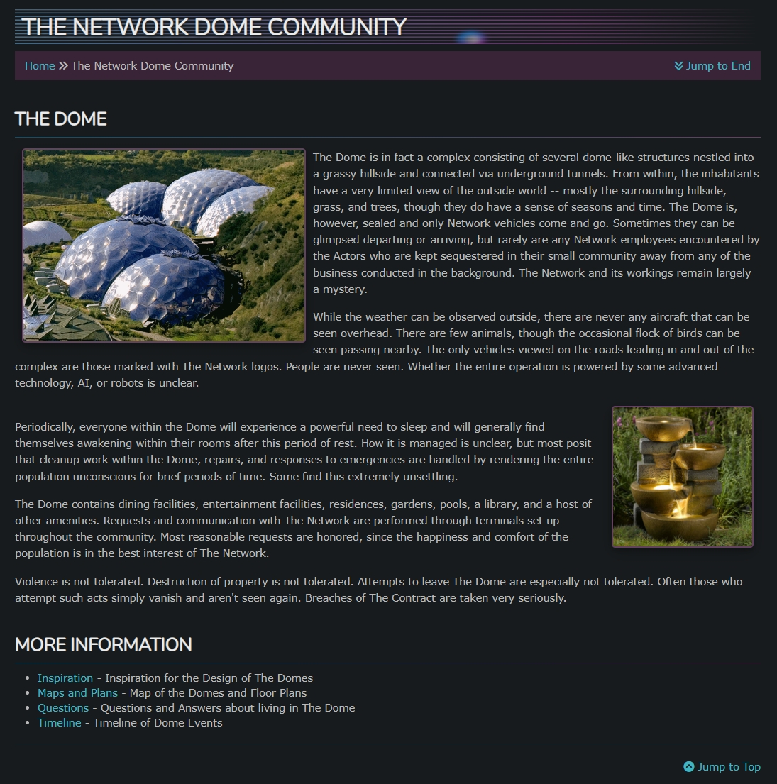 Overview of the game's Dome complex, including a few images designed to leave the details of the interior to the imagination.