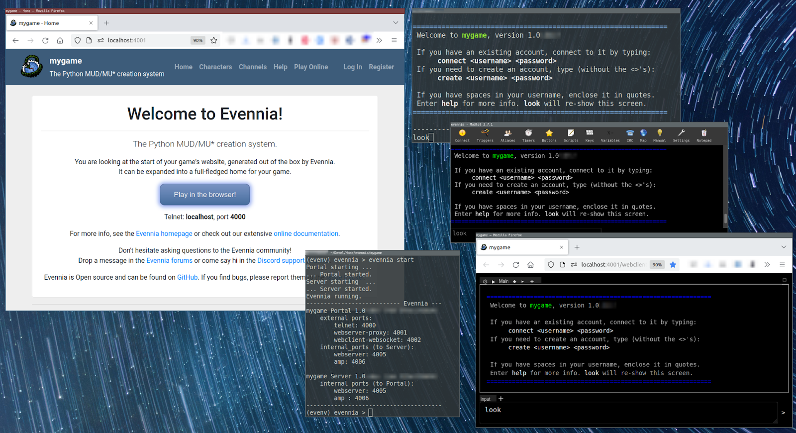 Welcome to Evennia! The Python MUD/MU* creation system. You are looking at the start of your game's website, generated out of the box by Evennia. It can be expanded into a full-fledged home for your game.
