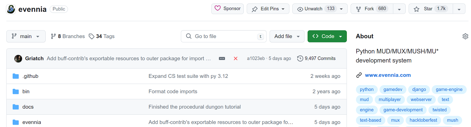 GitHub Page: Evennia (public). Main. 8 Branches. 34 Tags. About: Python MUD/MUX/MUSH/MU* development system.