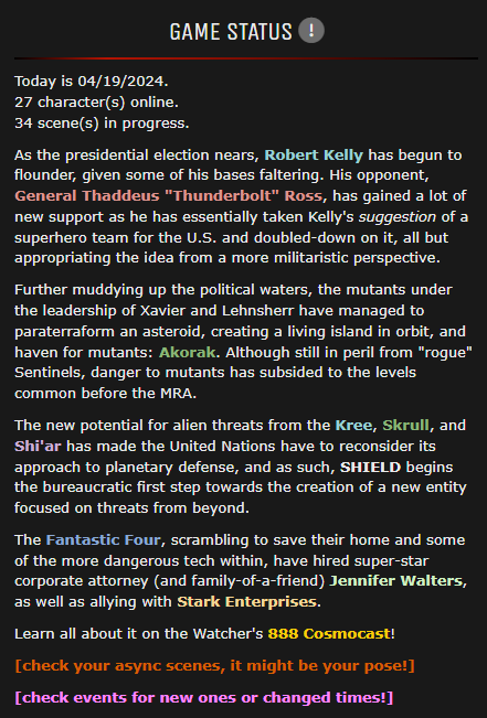 Game Status: 27 characters online, 34 scenes in progress. (Followed by a summary of recent events.)