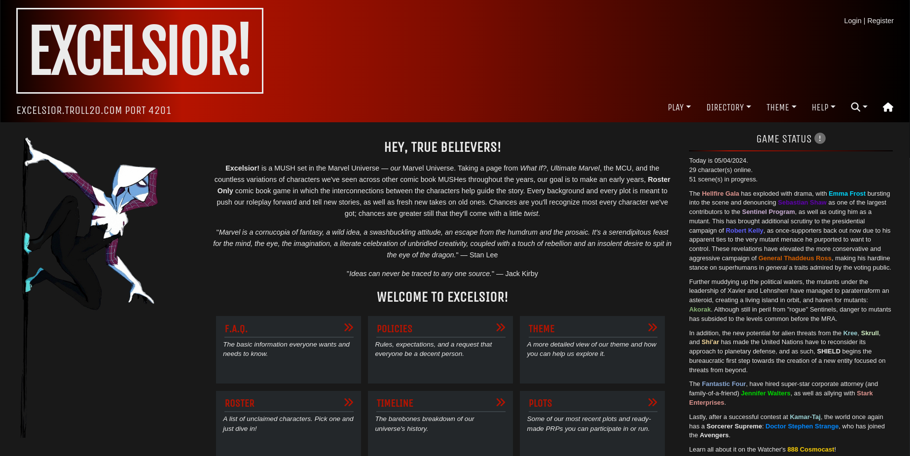 Excelsior's homepage, including intro and links to important wiki pages. It has a comic book feel.