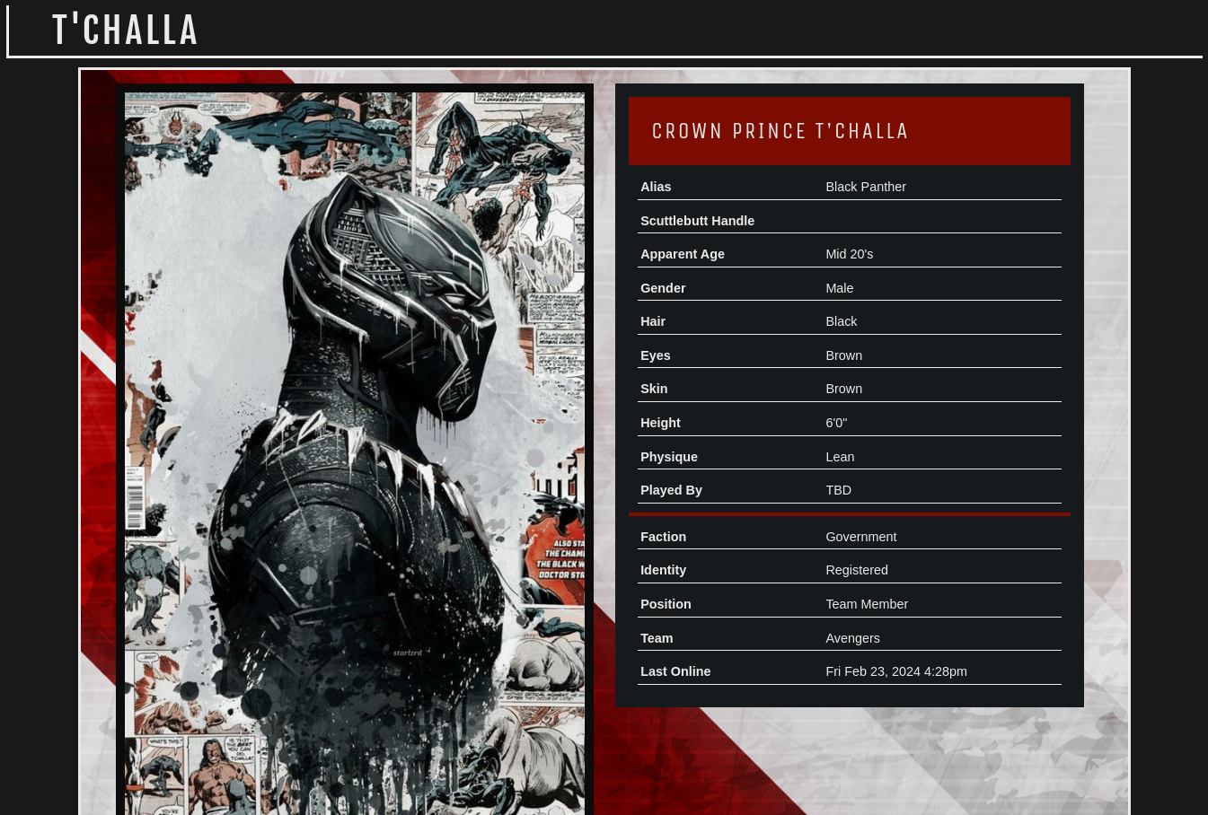 T'Challa in profile next to basic information, such as his height, build, alias, and team.