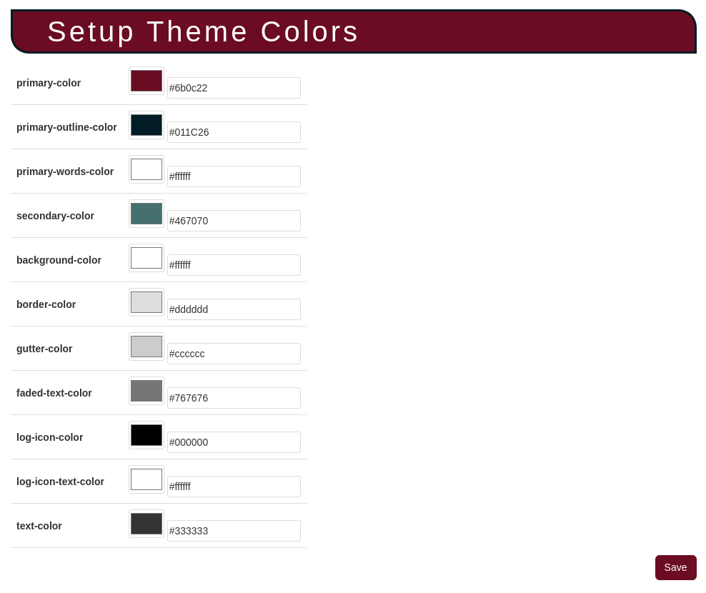 "Setup Theme Colors." Pictured: options for setting the web portal's primary color, outline colors, text, secondary color, backdround color, and more.