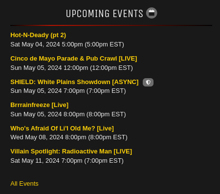 Upcoming Events scheduled for May, including both Live and Async scenes.