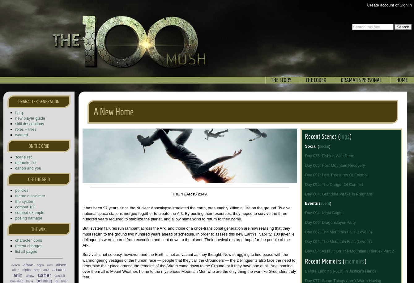 The 100 homepage with links to FAQ, new player guide, scenes, and more.