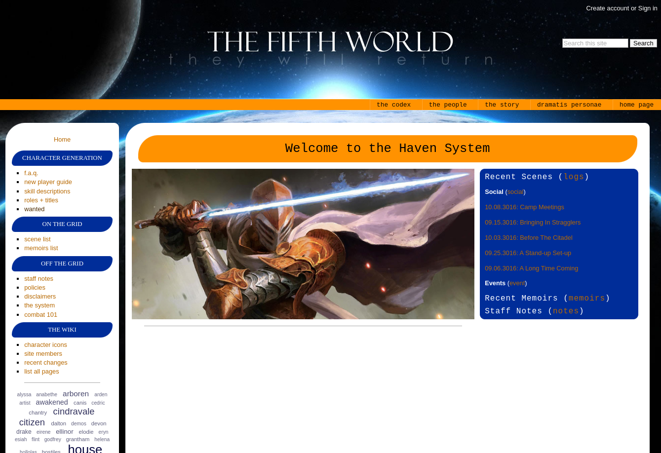 The Fifth World homepage with links to FAQ, new player guide, scenes, and more.