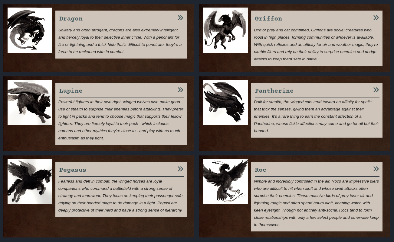 Names and descriptions of 6 types of mythics, including Dragon, Griffin, and Pegasus.