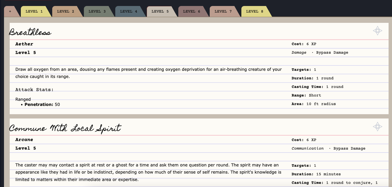 Shattered's tab-style spell list, showing spells "Breathless" and "Commune with Local Spirit."