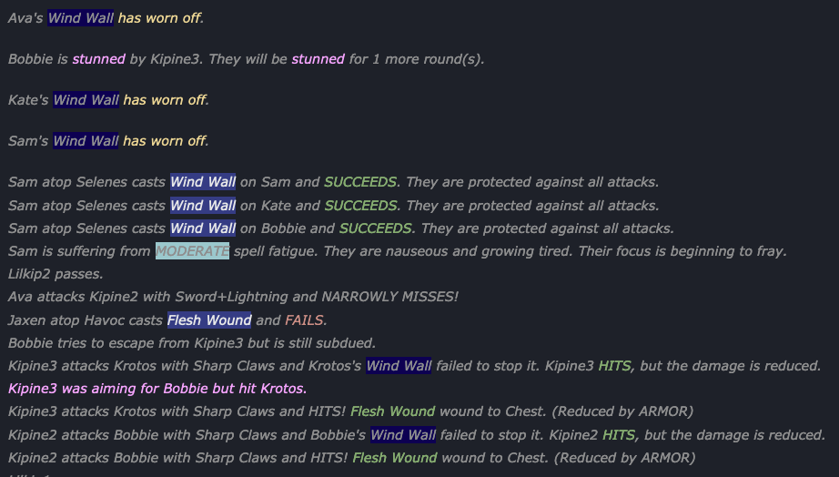 Spell casting and effects including Wind Wall and Flesh Wound.
