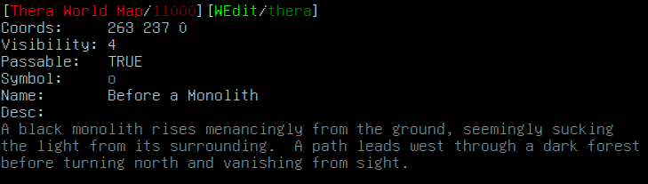 Example use of wedit in-game, showing coordinates, visibility, room name, desc, and more.