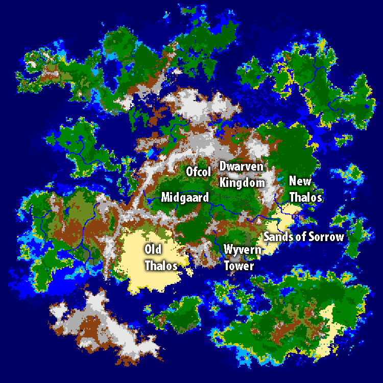 Enlarged map of Thera with major locations, such as Old Thalos and New Thalos, labeled.