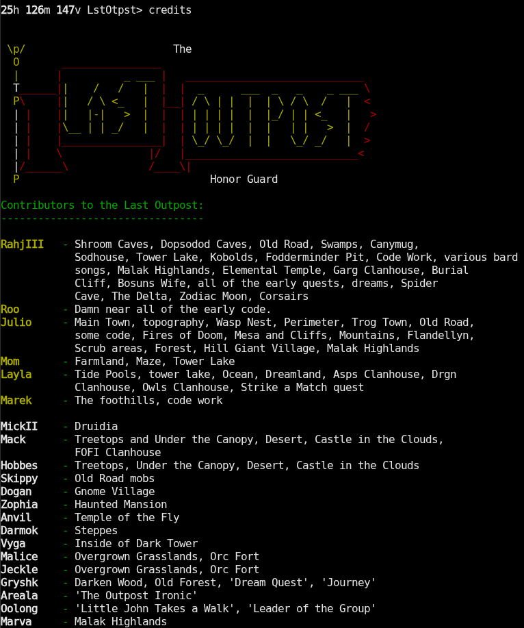 Start of the credits in The Last Outpost. It's a rather long list!