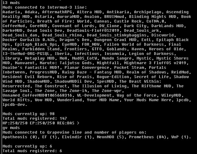 Muds currently up: 90. Muds connected to Grapevine line and number of players. Muds currently up: 6.
