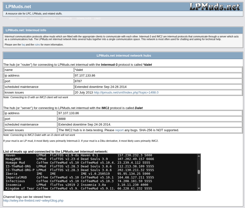 Connection methods still available at LPMuds.net: I3 and IMC2 bridge.