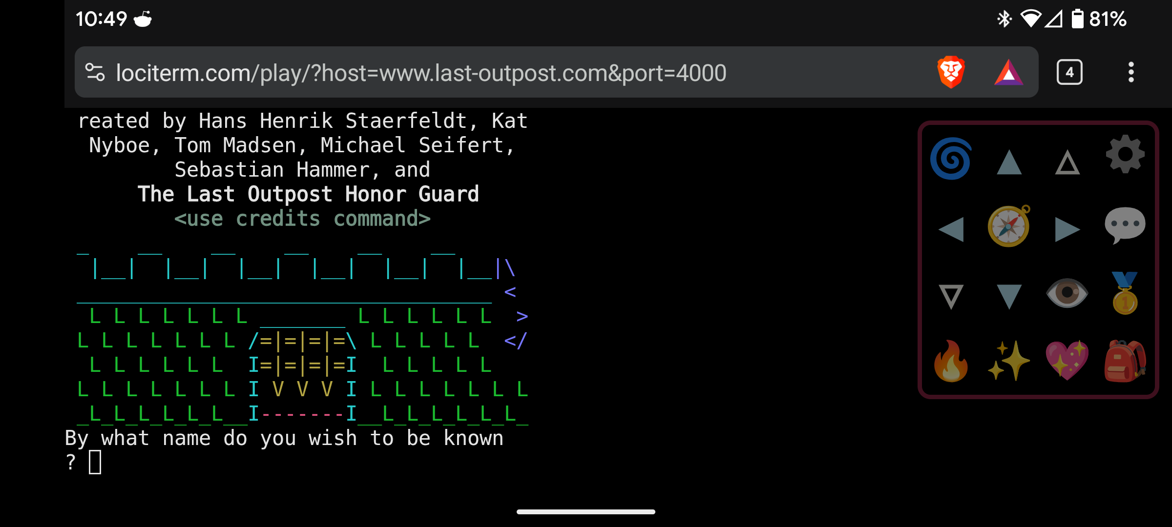 The Last Outpost intro screen on mobile, using LociTerm.