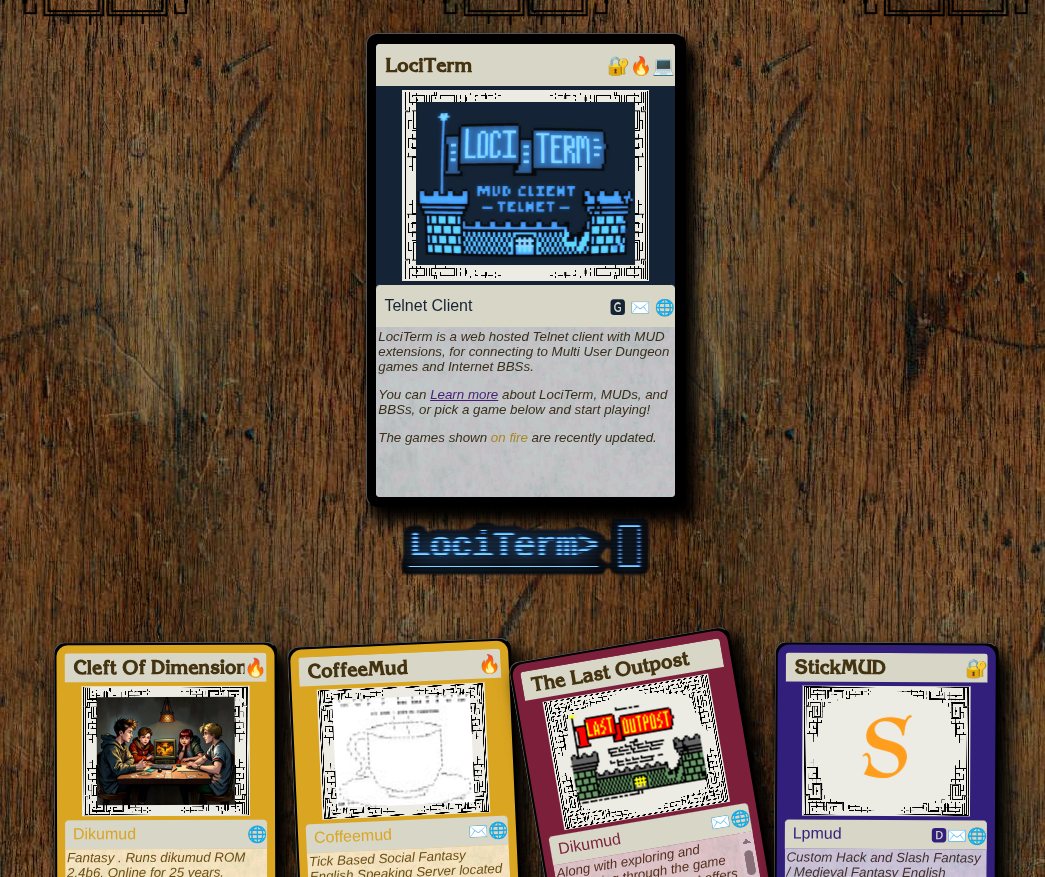 LociTerm front page showing the deck-building game theme, where every game gets its own "card."