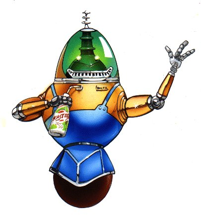Droid with gold chassis and a green dome, holding a drink in one hand and waving with the other.
