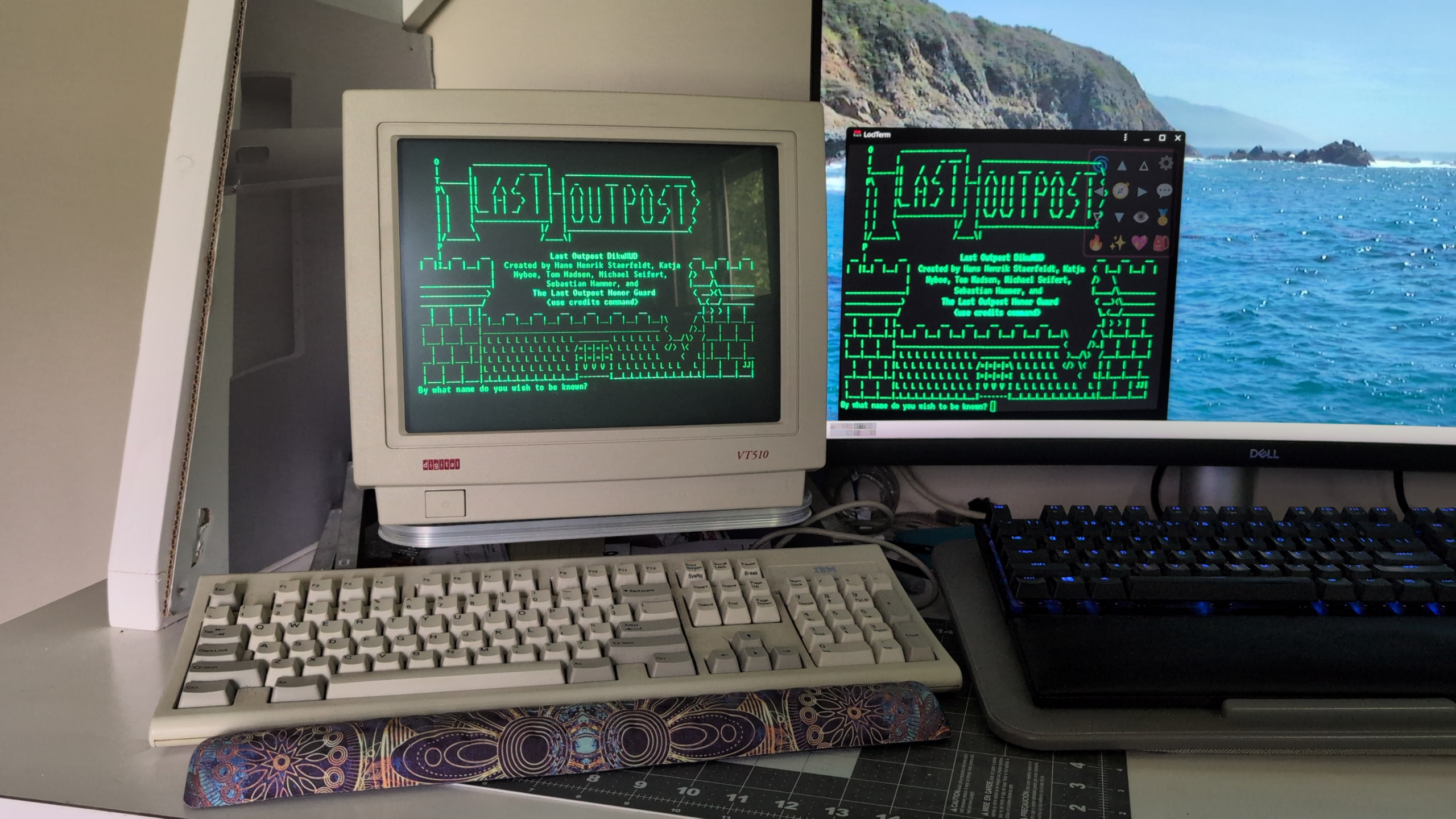 A VT510 terminal next to Jeff's desktop computer screen.