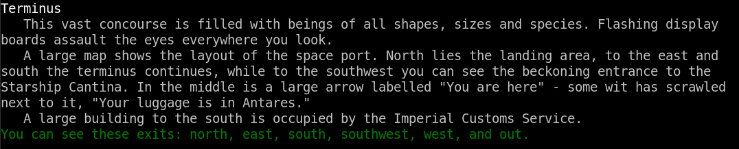 Room desc with a map that says "you are here." Some wit has scrawled next to it, "Your luggage is in Antares."