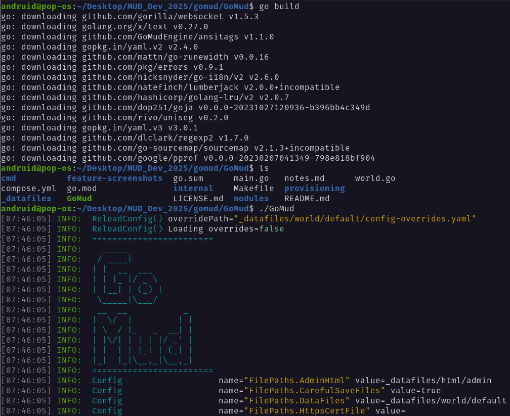 Andruid's terminal, showing commands to build GoMud and run it.